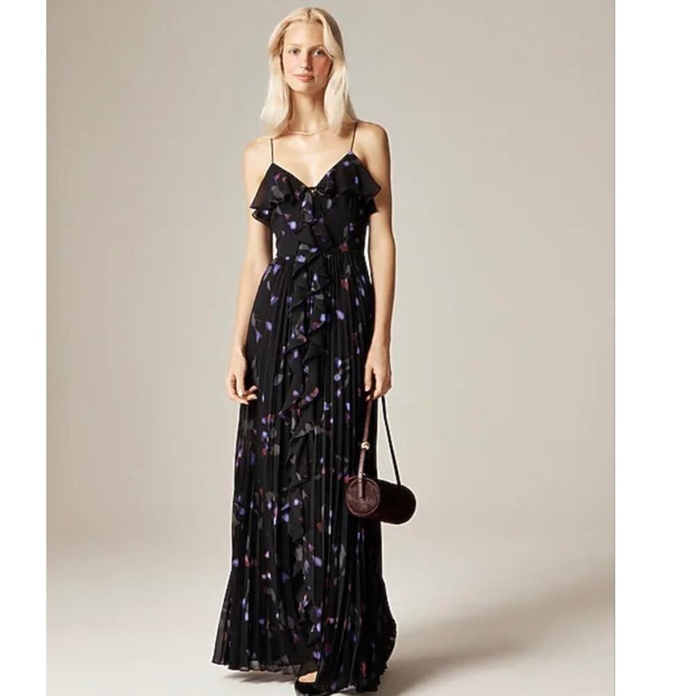 J. Crew Collection Chiffon Ruffle Dress Space Floral Print Black Size 14 NWT